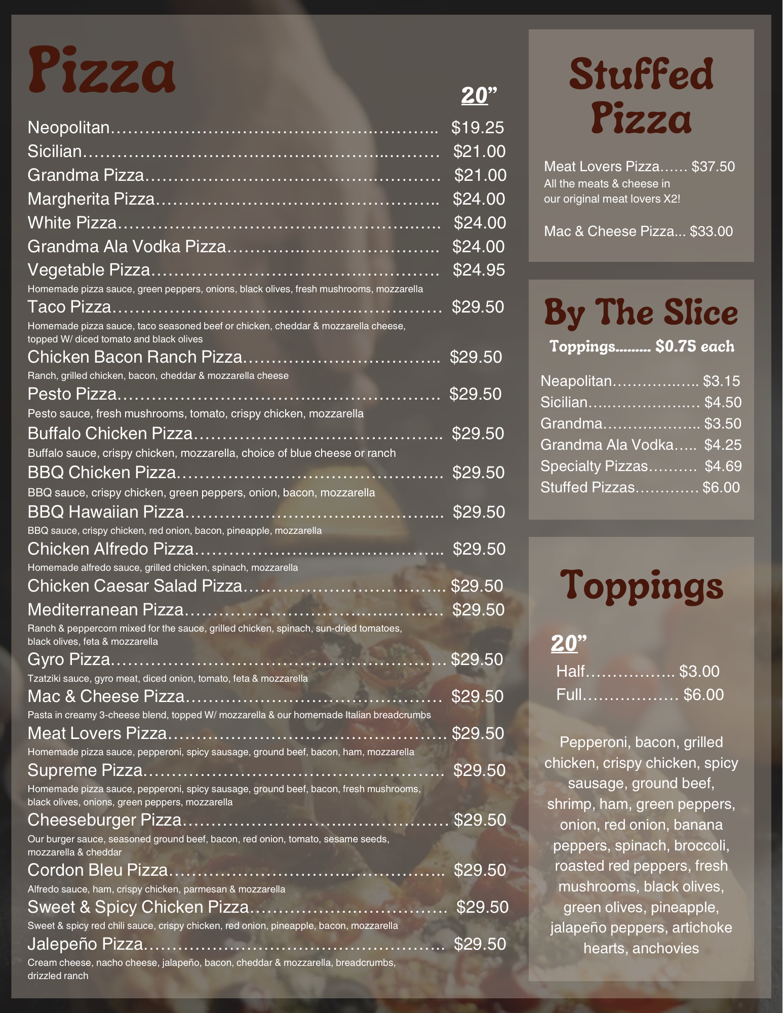 Page 3 of Menu - pizza, stuffed pizza, by the 				slice